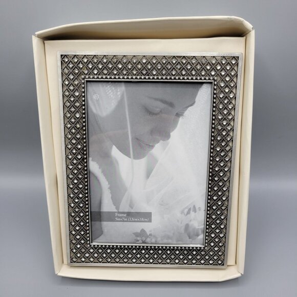 Elegant Silver Ornate Photo Picture Frame Diamond Lattice Trellis Rhinestones - Picture 8 of 8
